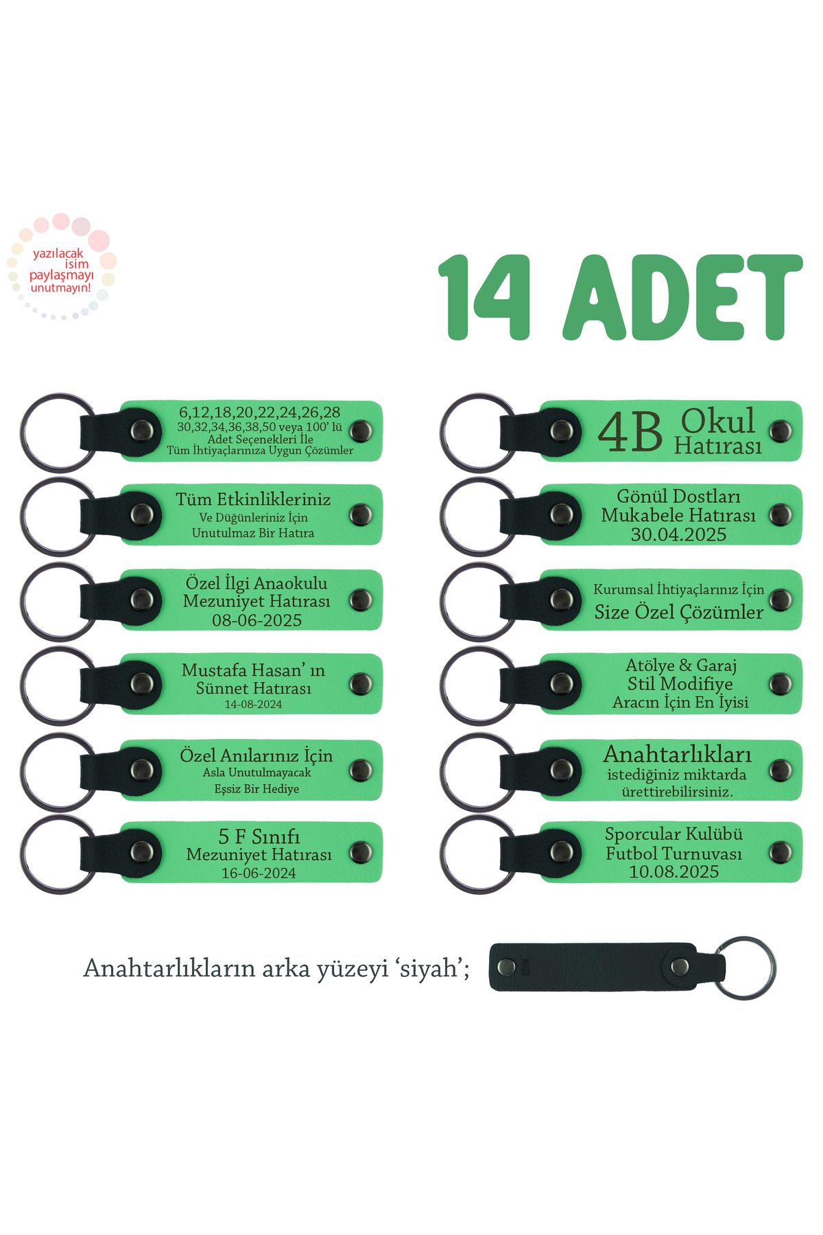 Miaju Yüzme Takımı Sporcularına Anı, 14'lü Set, Kişiye Özel Yazılı Deri Hatıra Anahtarlık, F Yeşil & Syh