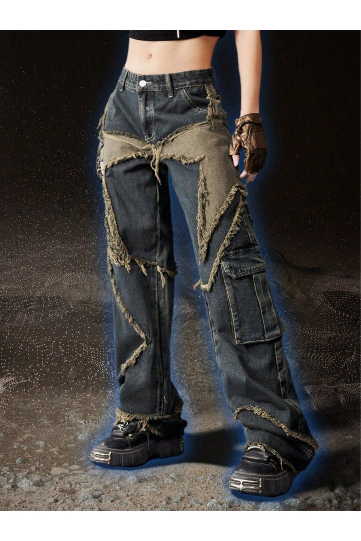 Pop Giyim Y2k Stars Patch Detay Yıkamalı Pantolon