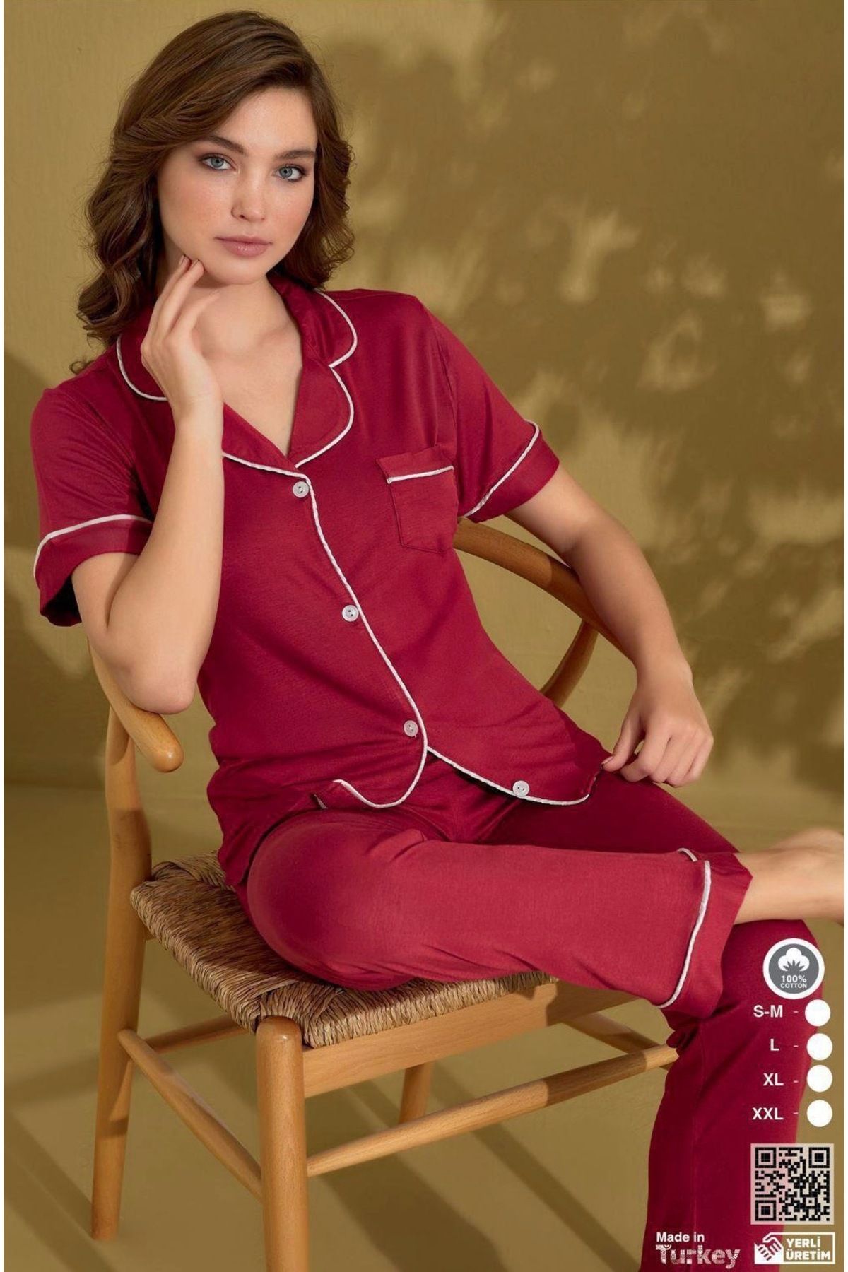 İpek Kadın Kısa Kol Önden Düğmeli Düz Renk Pijama Takımı