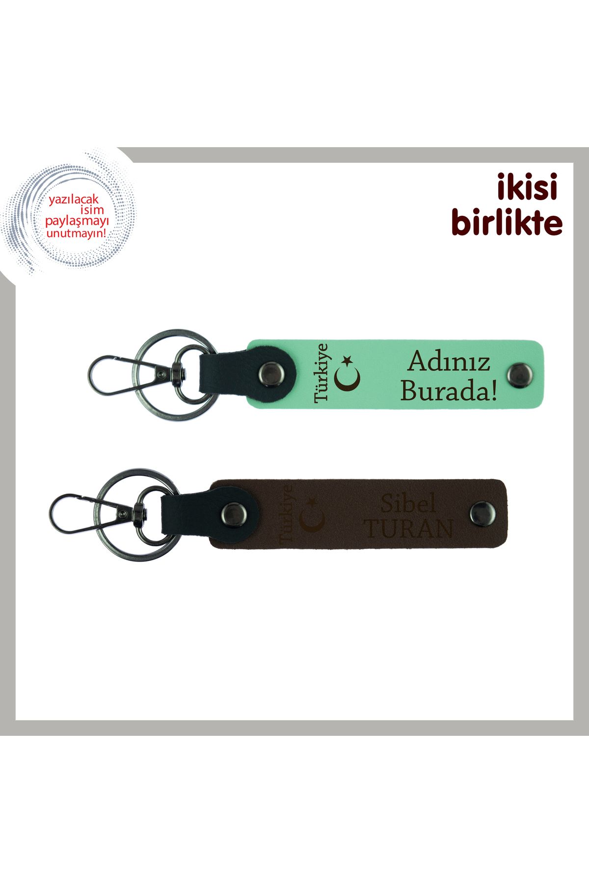 Miaju Yeni İşe Başlayanlara Tebrik, Ayyıldız ve Türkiye Desenli İsimli 2’li Anahtarlık, Açık Yeşil-Kahve