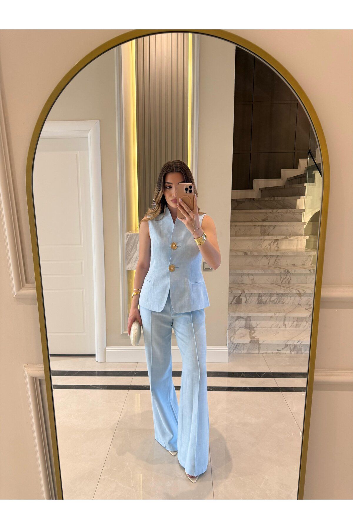 Hotfashion GOLD DÜĞMELİ SIFIR KOLLU YELEK PANTOLON TAKIM