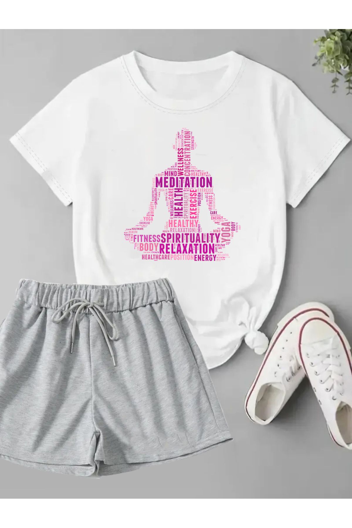 makiteks 2'li Set Düz Renk Kadın Regular Şort ve Tshirt Tişört Meditasyon Yogo