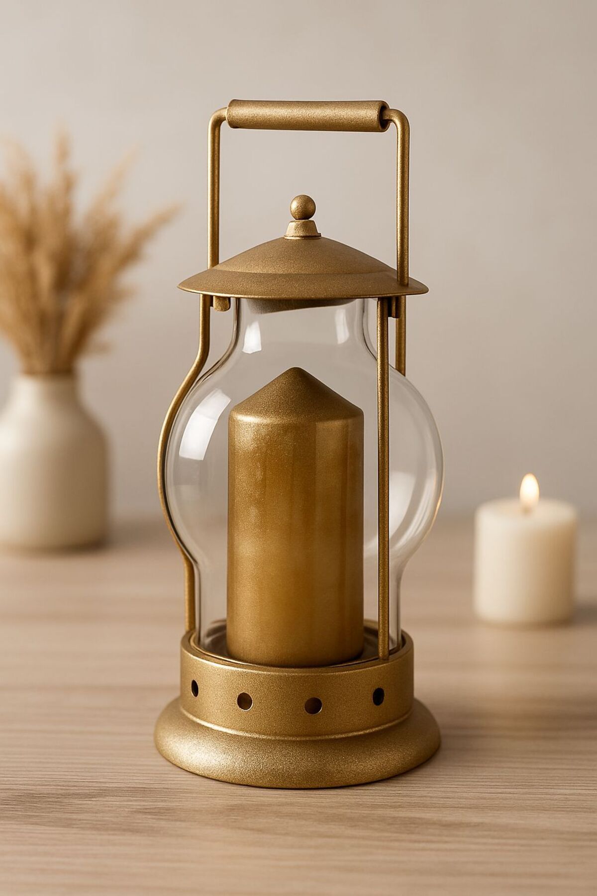 Dilek Vintage Cam Gövdeli Dekoratif Mumluk – Altın Metal Detaylı