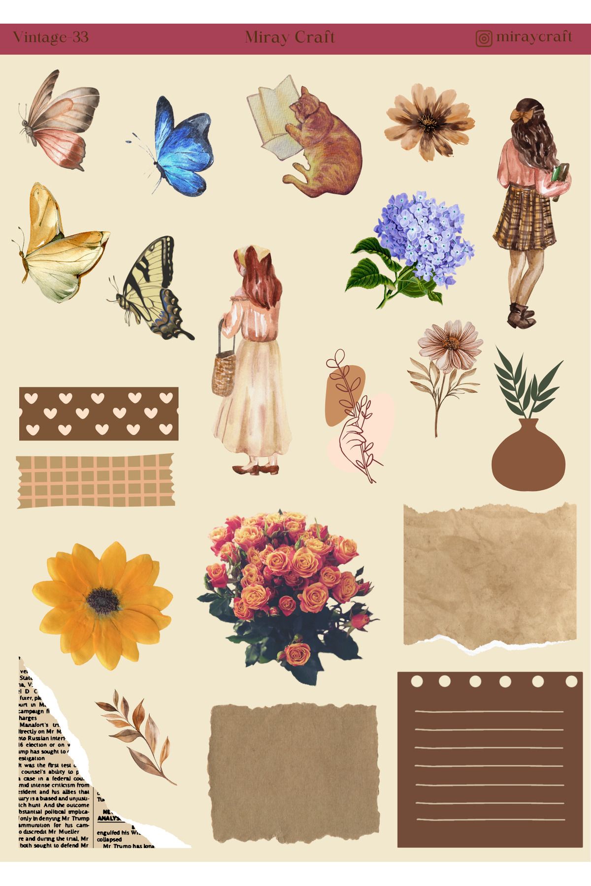 MirayDesign 1 Adet Vintage Temalı Sticker (12x17 cm) Bullet Journal, Scrapbook, Ajanda ve Planlayıcı İçin