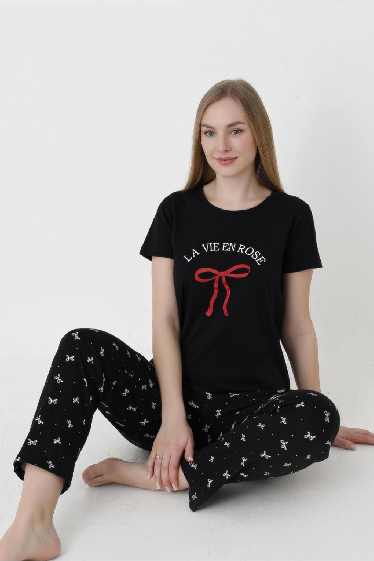 NBB Pamuklu, Kadın Pijama Takımı, Kısa Kollu, Kurdele Desenli, Bisiklet Yaka, Siyah