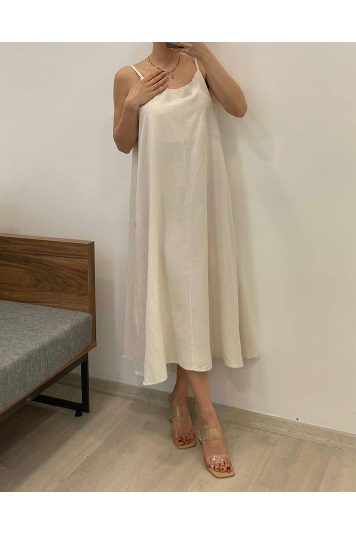 fatma keskin linna butik Kadın Krem Keten Kumaş Ayarlanabilir Askılı Elbise