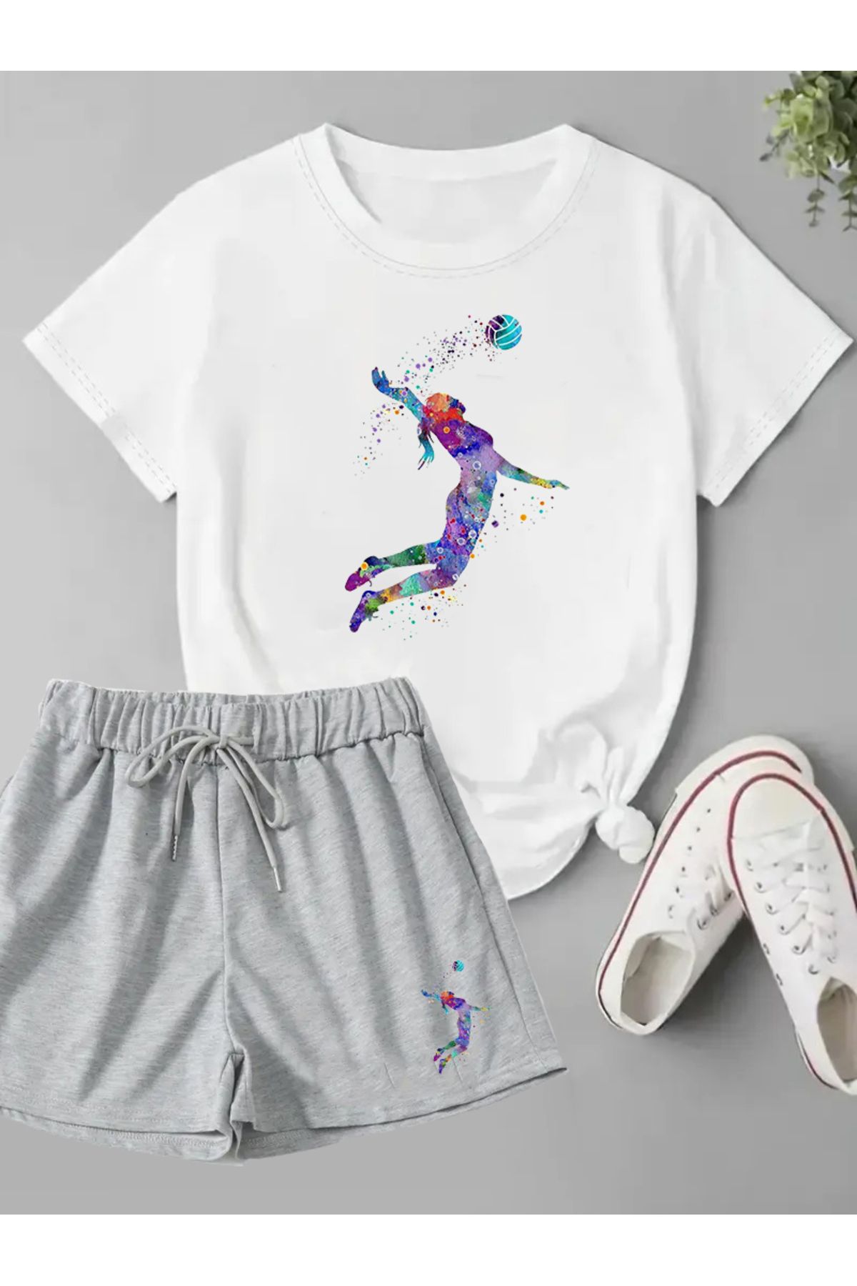 makiteks 2'li Set Düz Renk Kadın Regular Şort ve Tshirt Tişört Voleybol