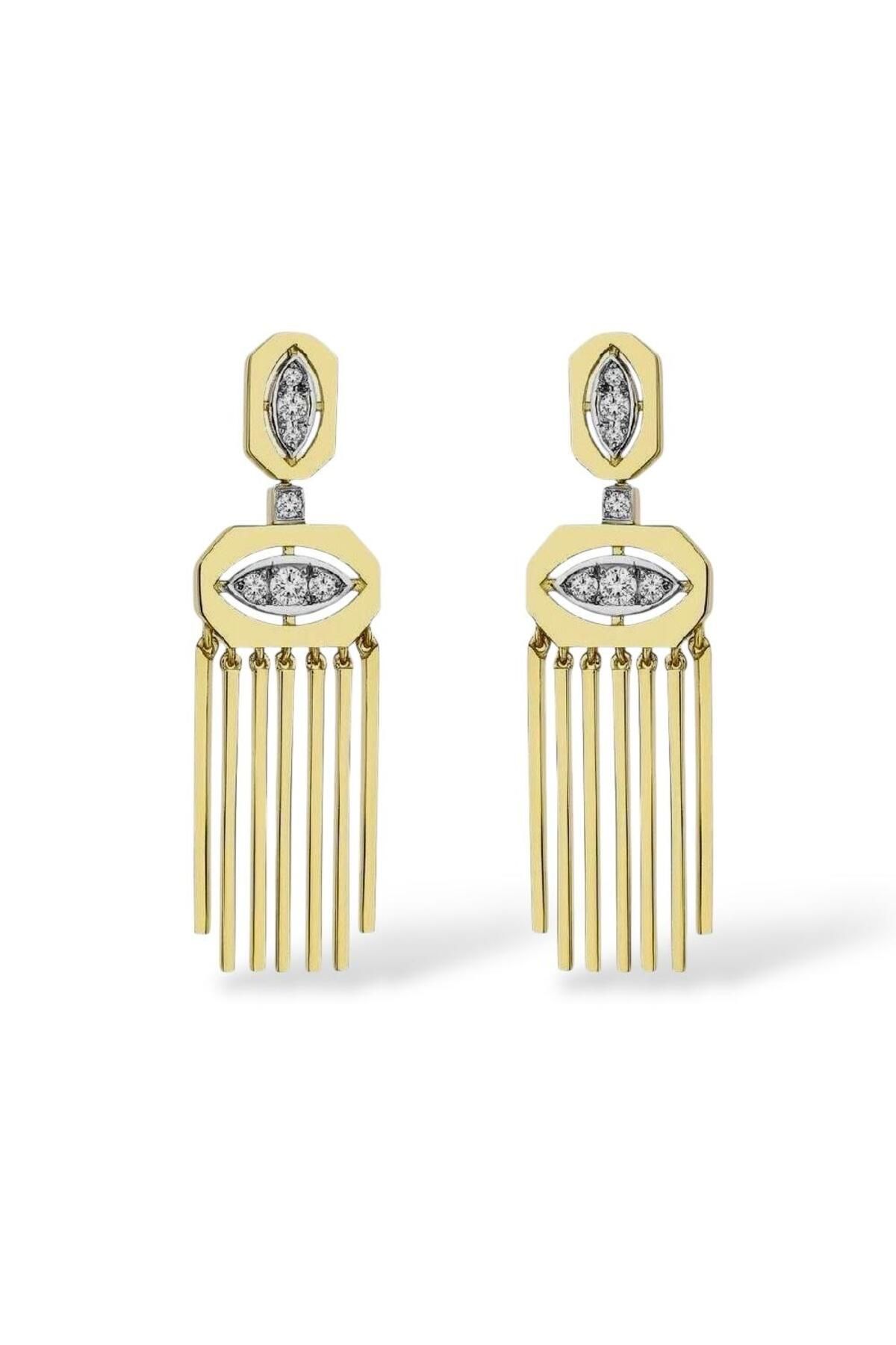 neslyaccessories Lumière Küpe – Baget Taşlı Altın Renk Çubuk Sarkıt Detaylı Küpe
