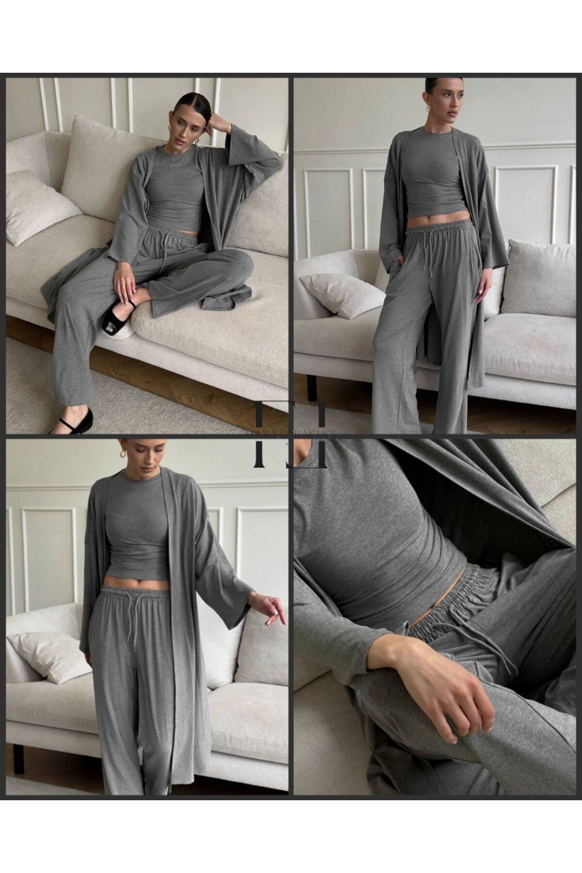 femmes fraiches Femmes Vargas 3'lü Set ( Jogger + Halter Yaka Tshirt + Midi Kimono)