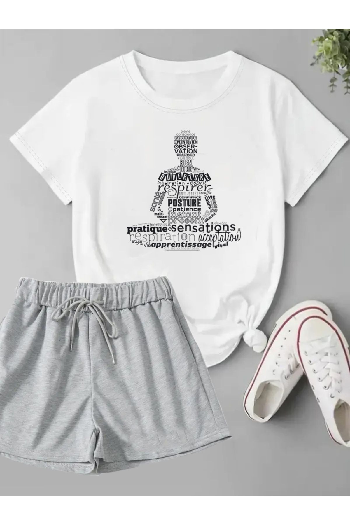 makiteks 2'li Set Düz Renk Kadın Regular Şort ve Tshirt Tişört Meditasyon Yogo