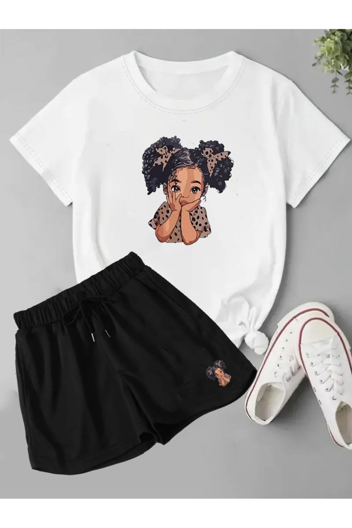 makiteks 2'li Set Düz Renk Kadın Regular Şort ve Tshirt Tişört Girl