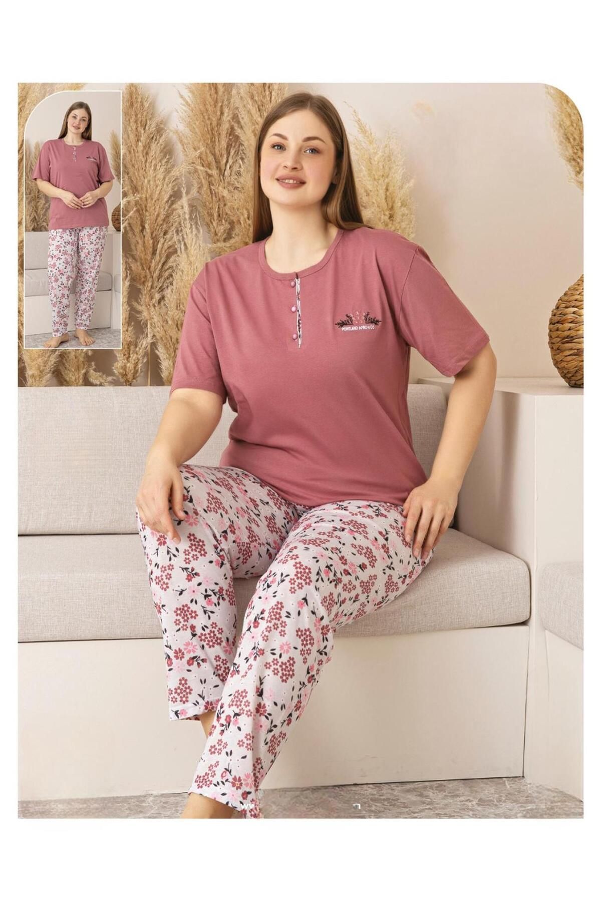 Sude Kadın Büyük Beden Düğme Yaka Penye Kısa Kol İnce Pijama Takımı P134 - 1 Adet