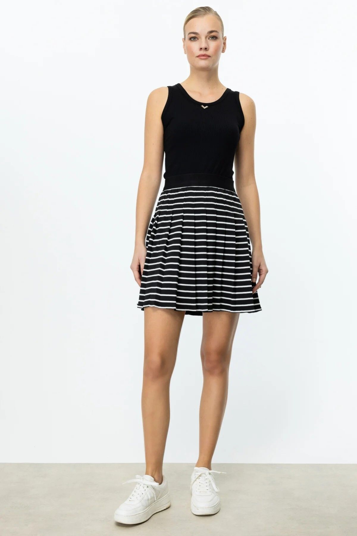 ON TRİKO Pileli Çizgili Mini Boy Etek 56209-25
