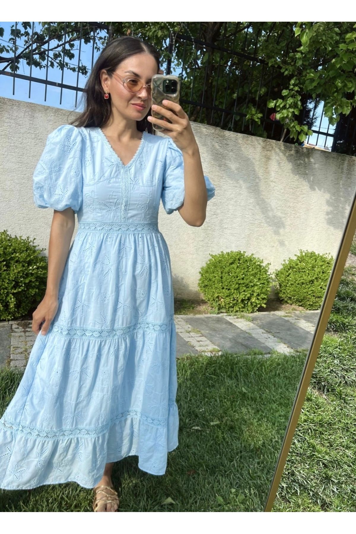 Afiş Butik Bebe Mavi Fisto Balon Kol Brode Midi Elbise