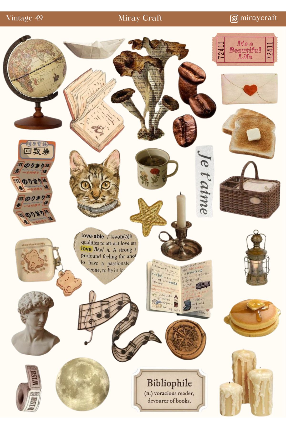 MirayDesign 1 Adet Vintage Temalı Sticker (12x17 cm) Bullet Journal, Scrapbook, Ajanda ve Planlayıcı İçin