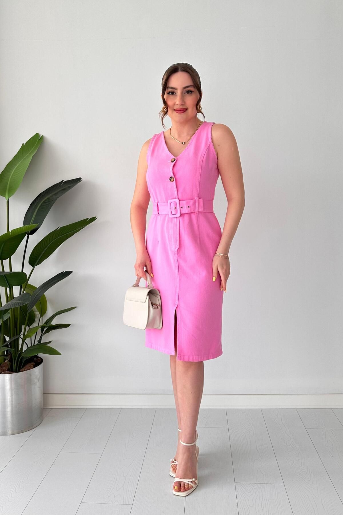 MaziButik Kalem Denim Elbise Pembe