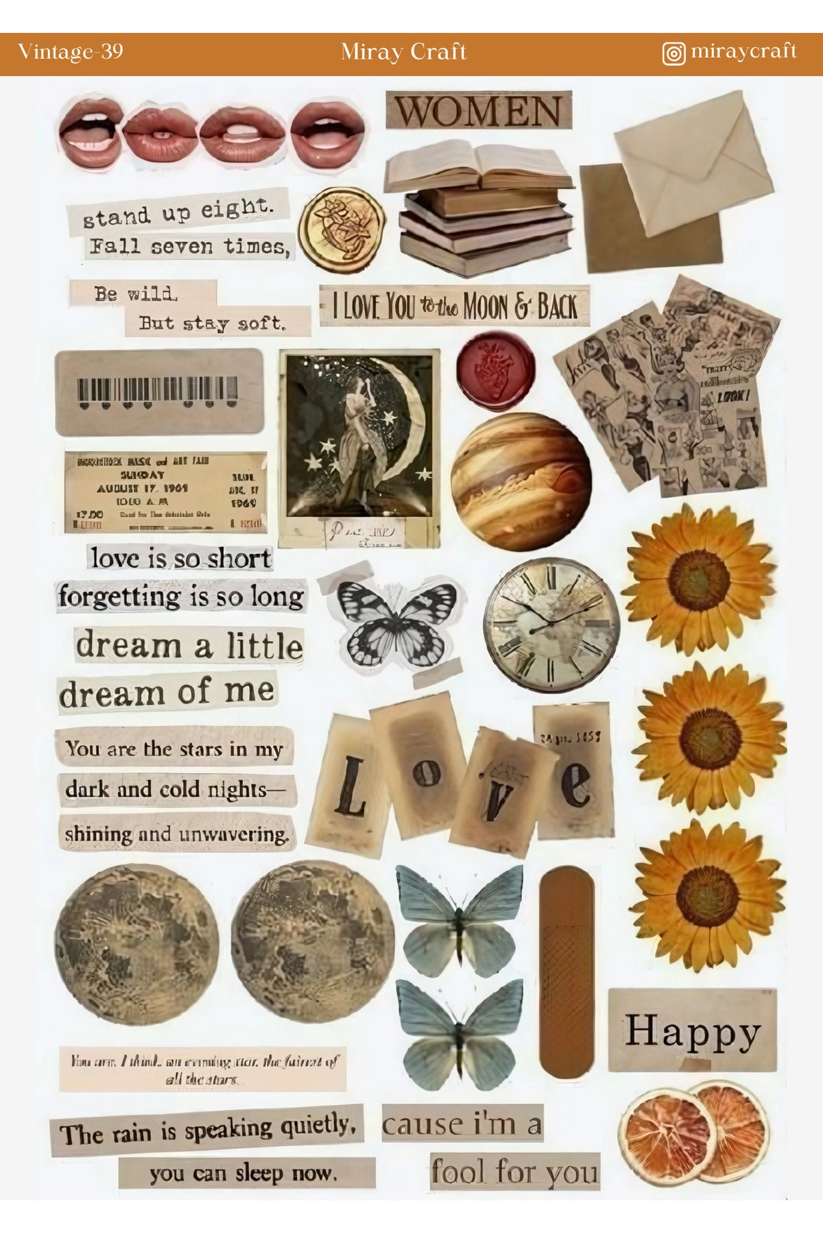 MirayDesign 1 Adet Vintage Temalı Sticker (12x17 cm) Bullet Journal, Scrapbook, Ajanda ve Planlayıcı İçin