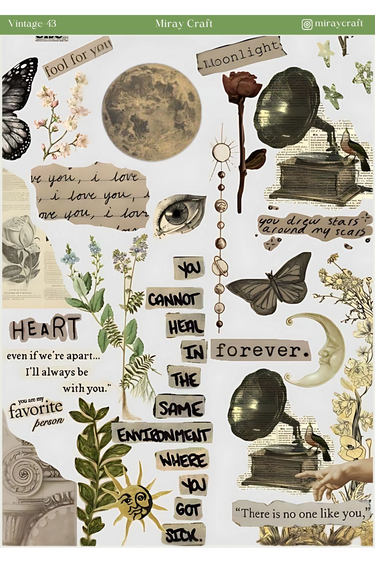 MirayDesign 1 Adet Vintage Temalı Sticker (12x17 cm) Bullet Journal, Scrapbook, Ajanda ve Planlayıcı İçin