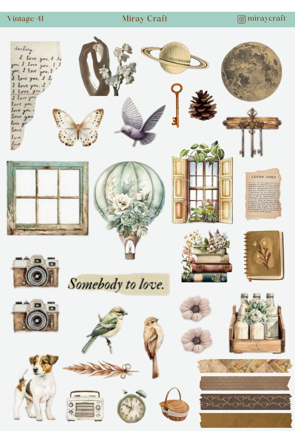 MirayDesign 1 Adet Vintage Temalı Sticker (12x17 cm) Bullet Journal, Scrapbook, Ajanda ve Planlayıcı İçin