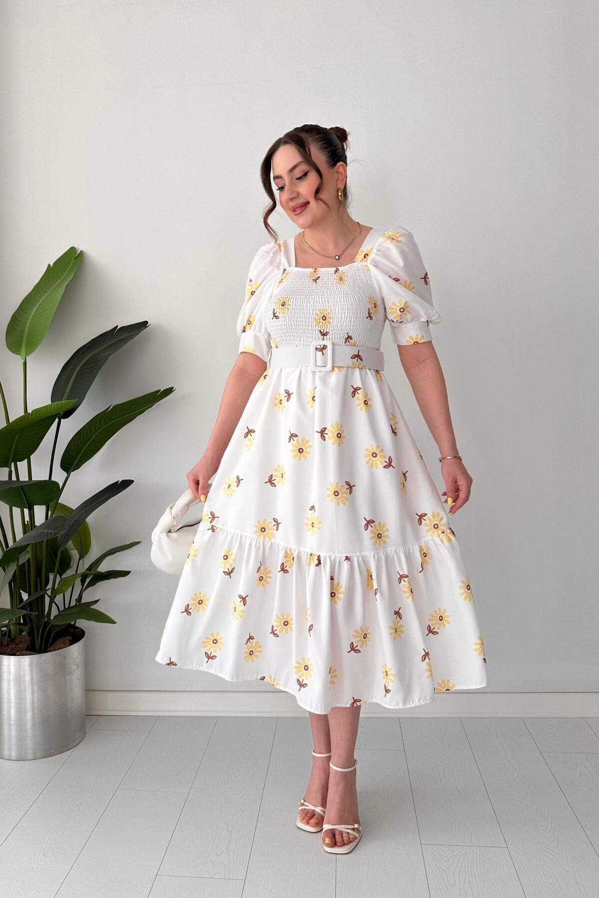 MaziButik Astarlı Flower Elbise Sarı
