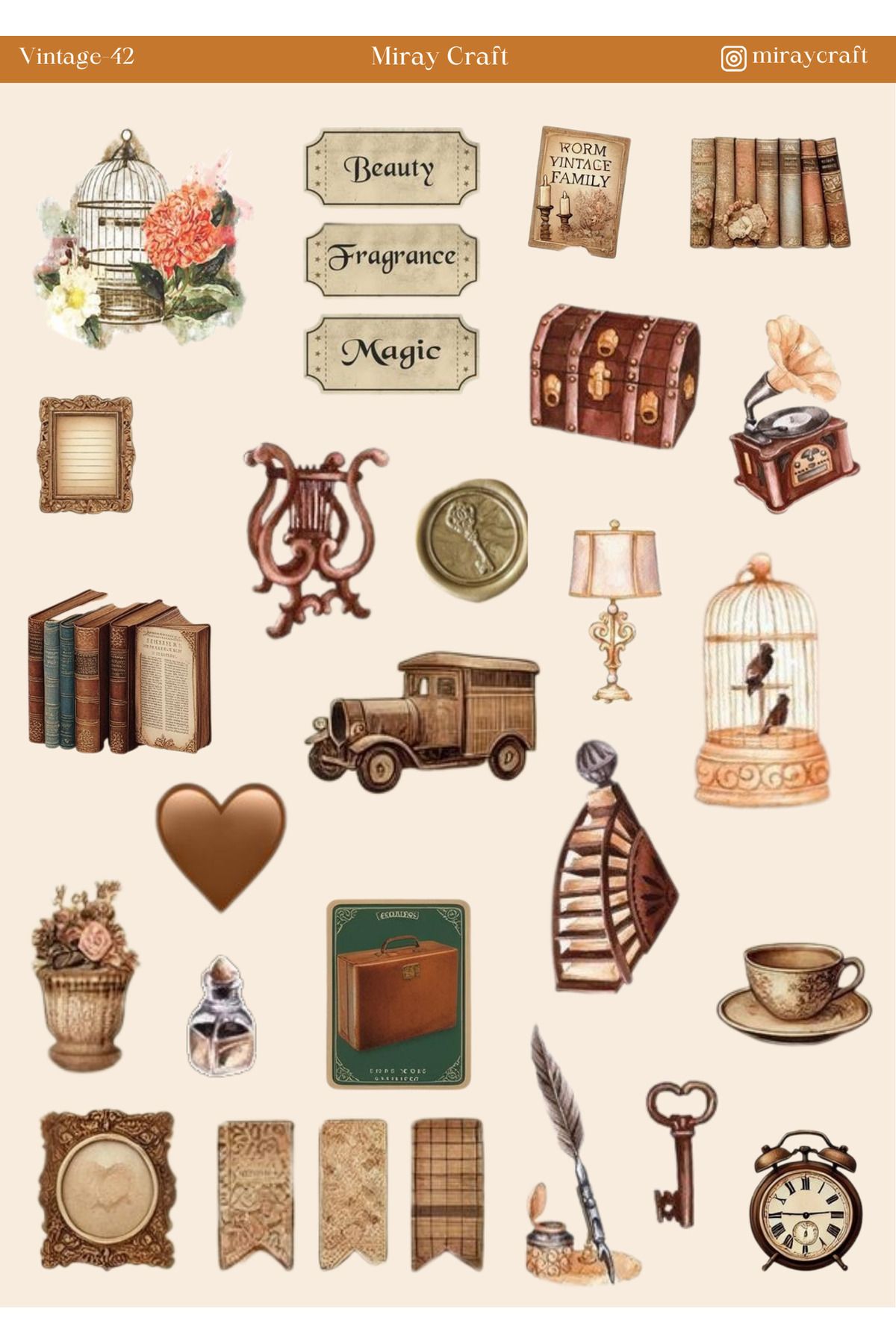 MirayDesign 1 Adet Vintage Temalı Sticker (12x17 cm) Bullet Journal, Scrapbook, Ajanda ve Planlayıcı İçin