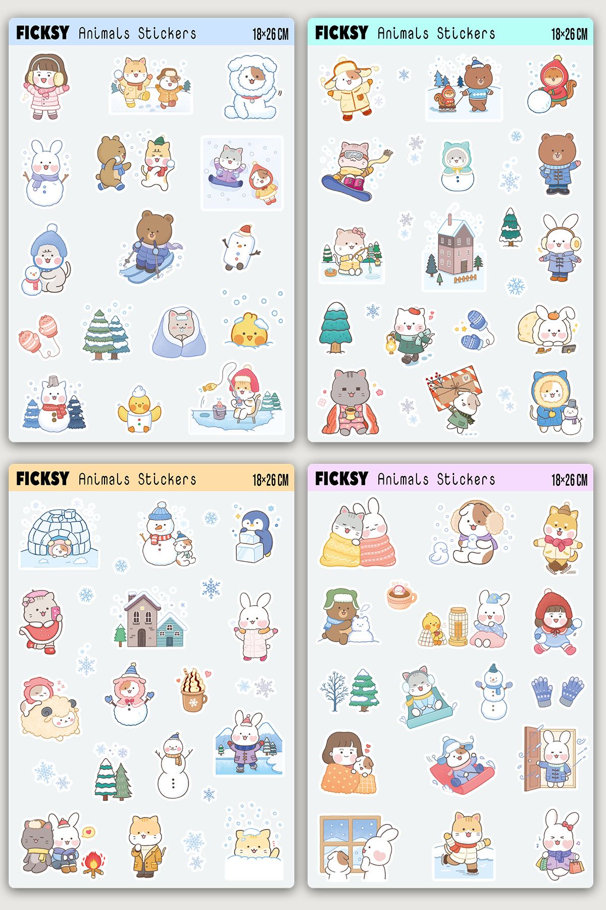 Ficksy Kawaii Stili Sevimli Hayvanlar Kış Temalı Sticker Seti - 65 Adet Etiket Çıkartma