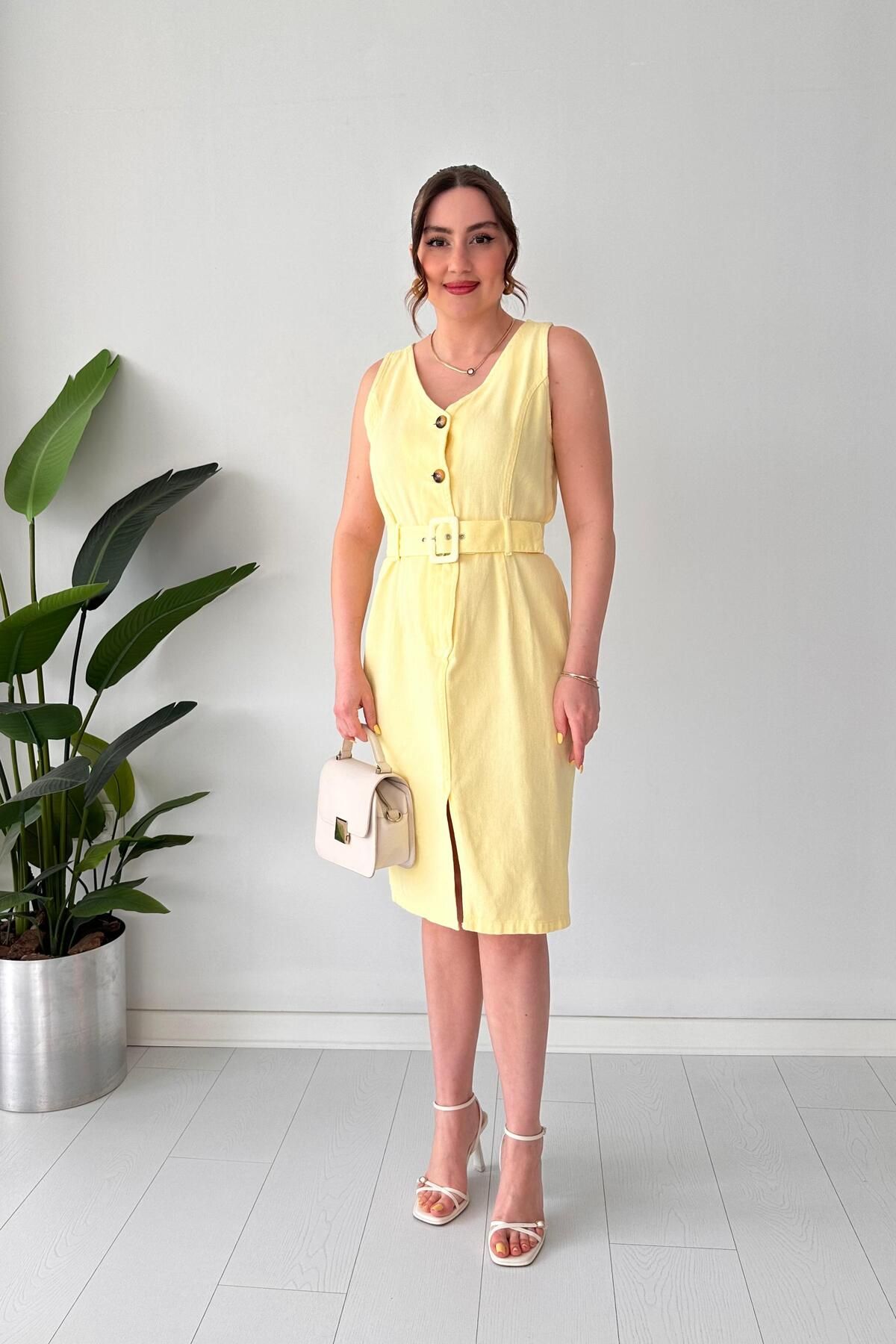MaziButik Kalem Denim Elbise Sarı