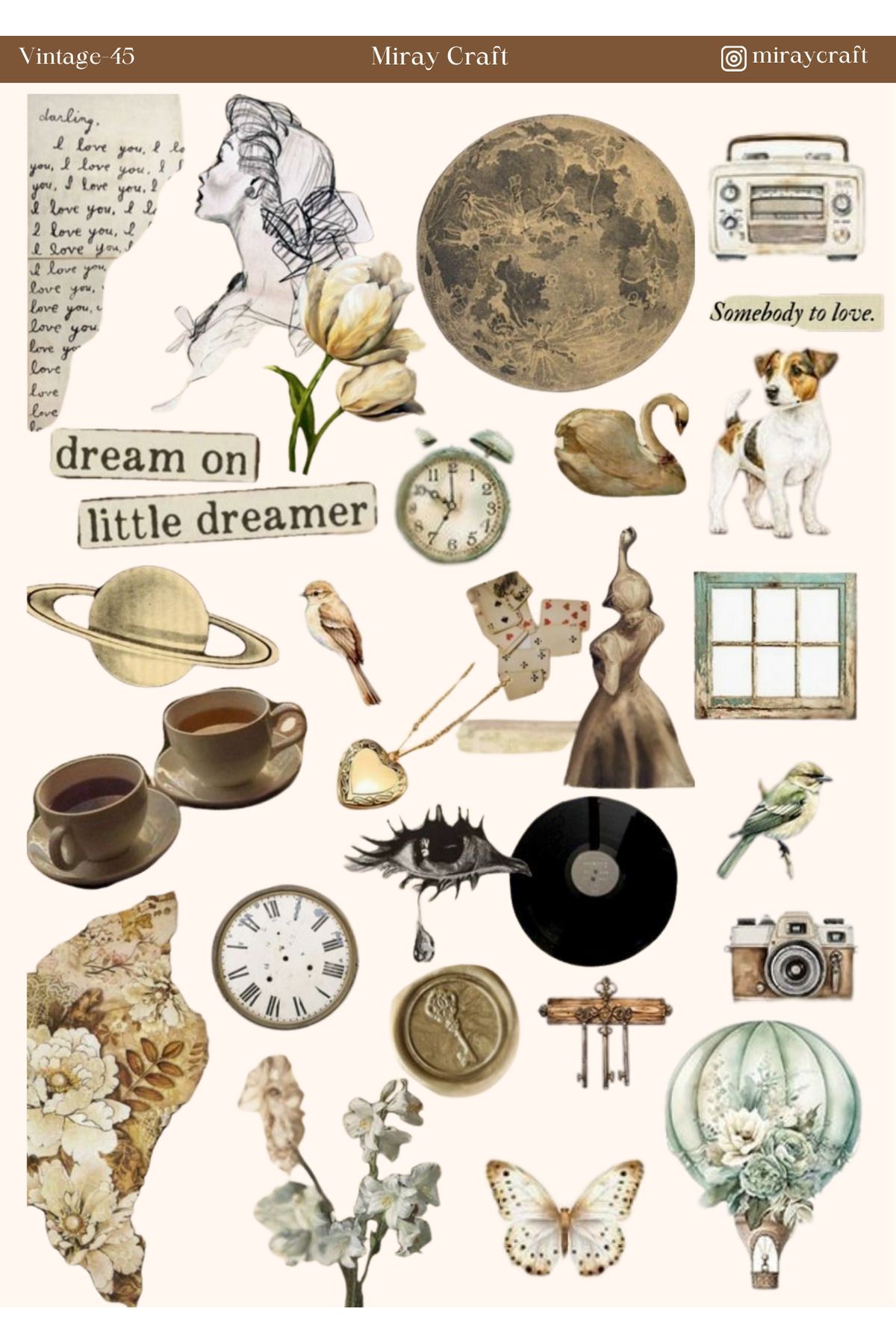MirayDesign 1 Adet Vintage Temalı Sticker (12x17 cm) Bullet Journal, Scrapbook, Ajanda ve Planlayıcı İçin