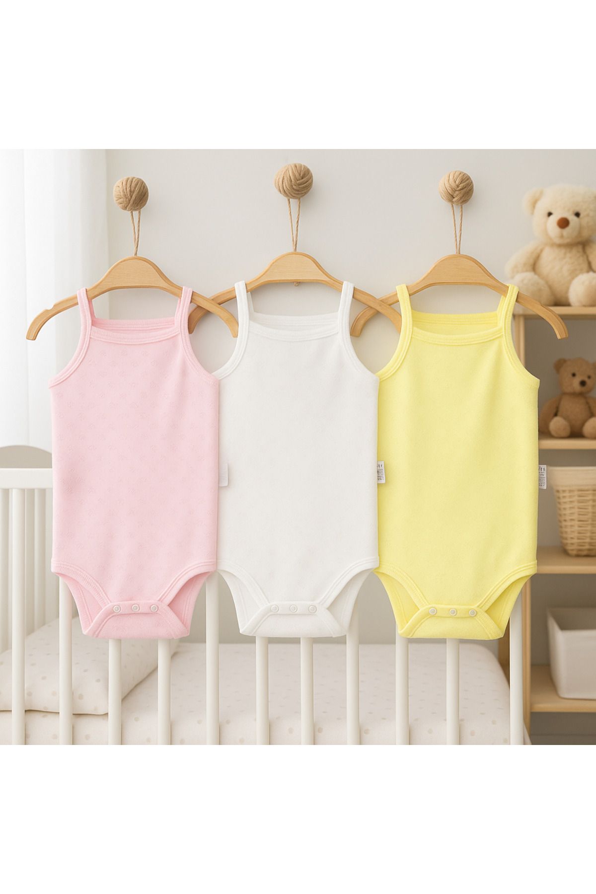BEREKET BABY 3'lü Kolsuz Bebek Zıbın Seti – Beyaz, Ekru ve Pembe | %100 Pamuklu Yazlık Badi 0-6AY