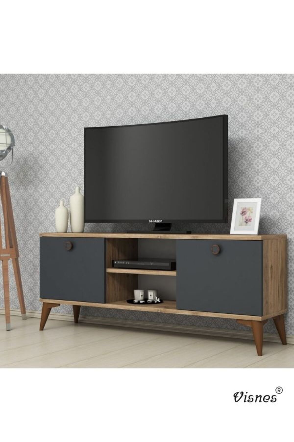 VISNES Tv Ünitesi Modern Ayaklı Tv Sehpası 120cm Antrasit Renk