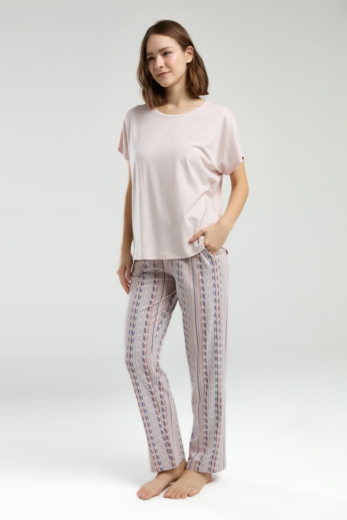 Pierre Cardin Modal Pamuk Pijama Takım, Üst Düz, Alt Desenli Cepli Yazlık Pijama Takım