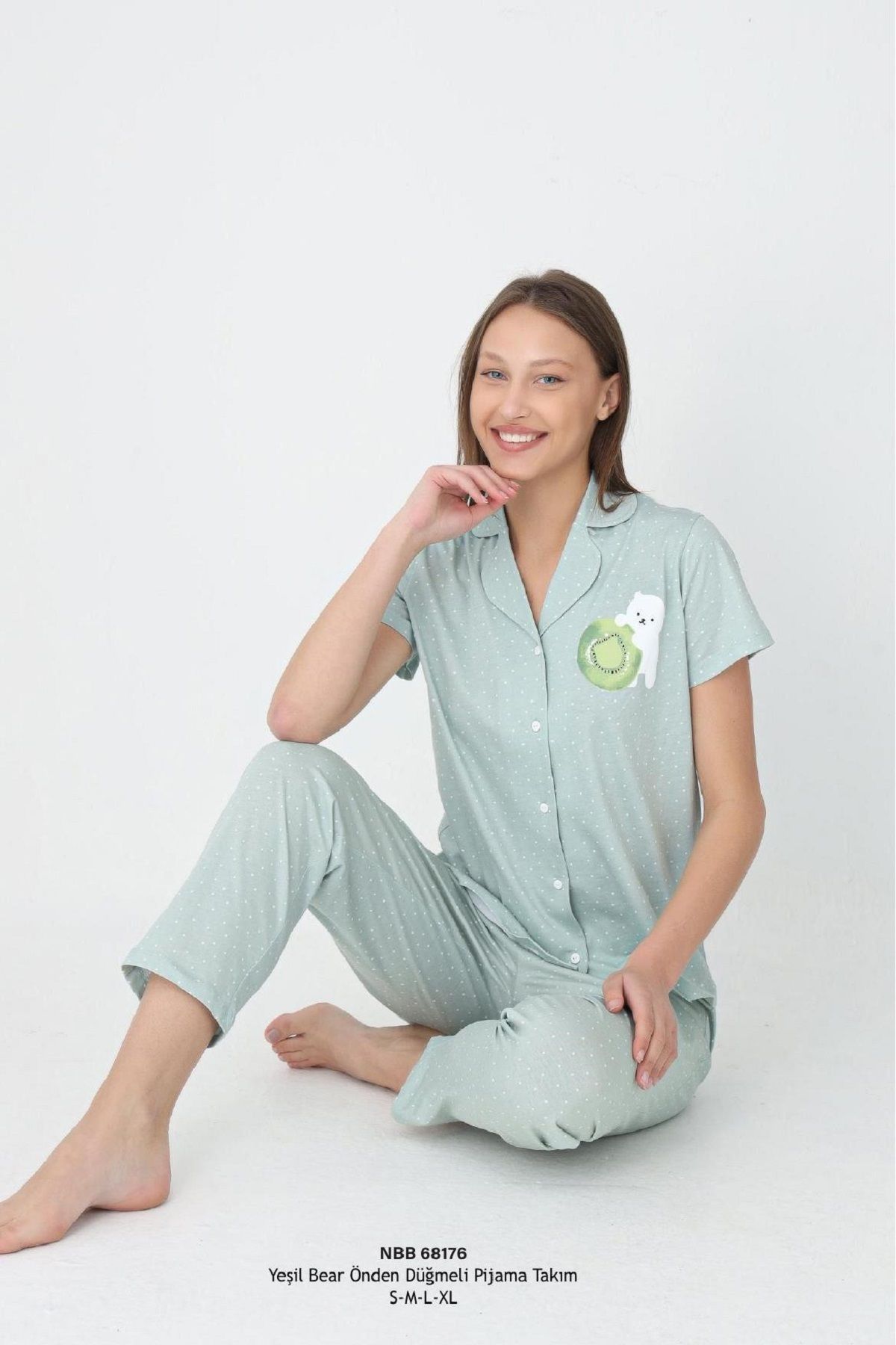 NBB Pamuklu, Kadın Pijama Takımı, Bear Baskılı, Önden Düğmeli, Kısa Kollu, Yeşil