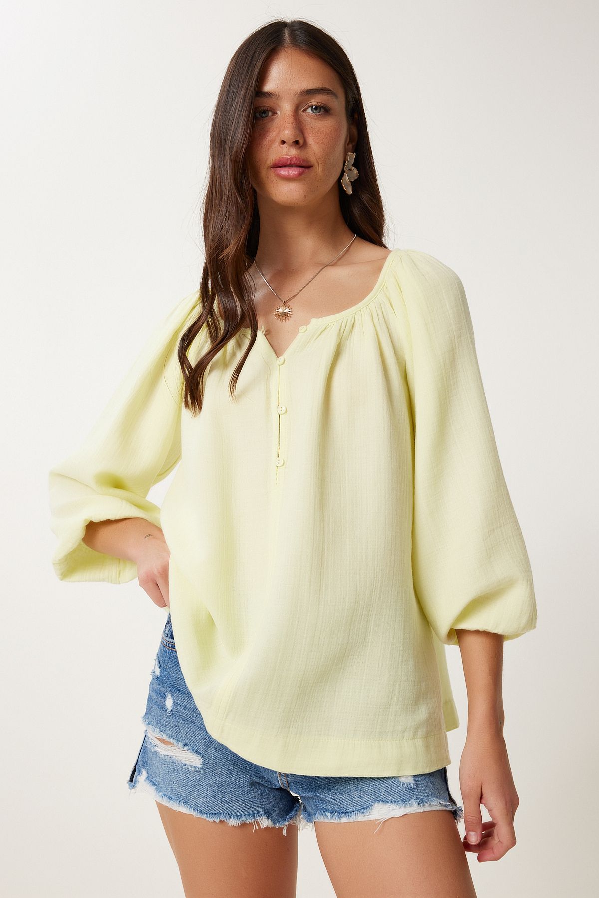 Lovelyİstanbul Düğmeli Müslin Bluz SARI LMX0088