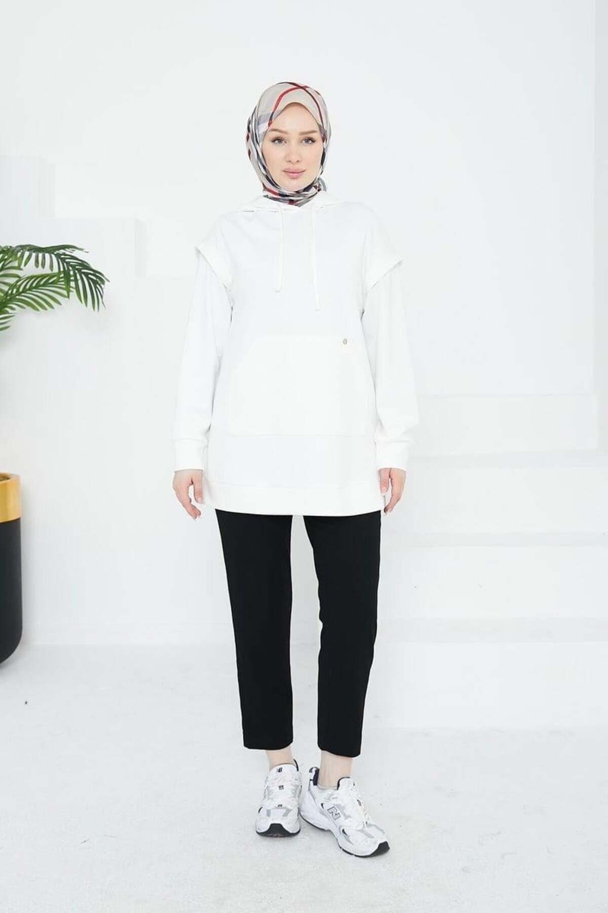 Armine Kanguru Cepli Kapüşonlu Sweatshirt - Beyaz