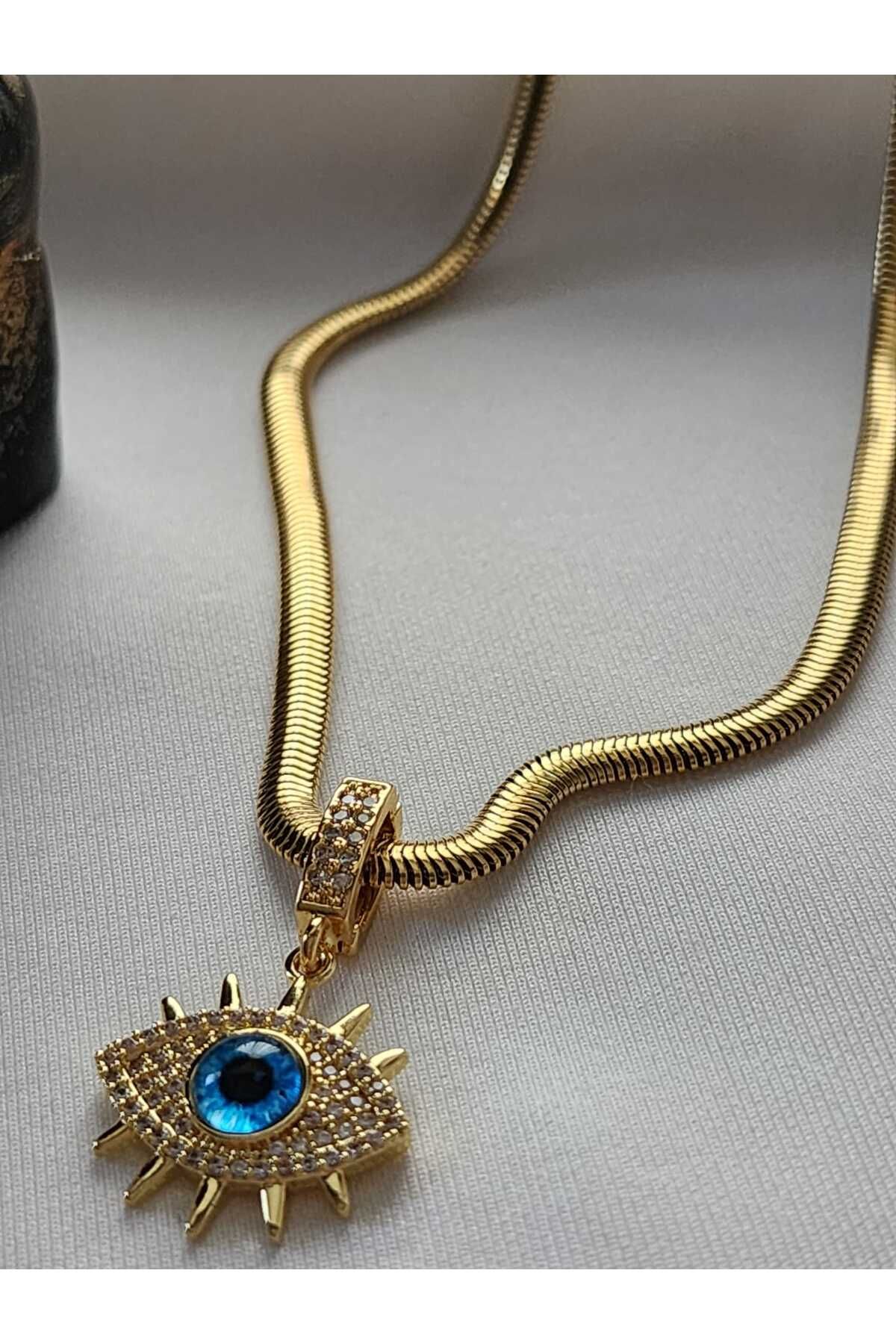 ZÜLİSCH ÇELİK KOLYE CHARMLI MAVİ GÖZ MODEL GOLD PASLANMAZ