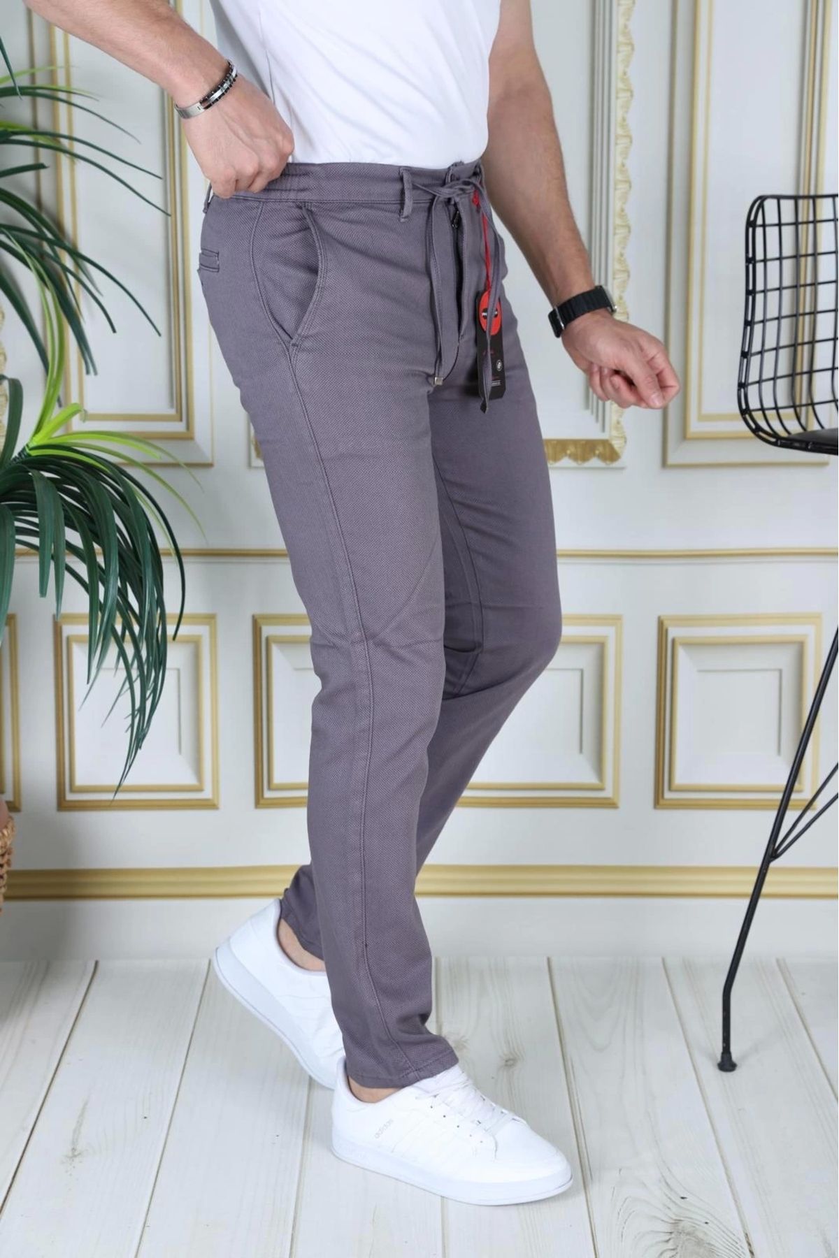 PHANTOM JEANS-Men's Smoked Slim Fit Stretchy Lycra Dobby Linen Trousers Stylish Trousers with Lace-Up Belt and Elastic Waist 5