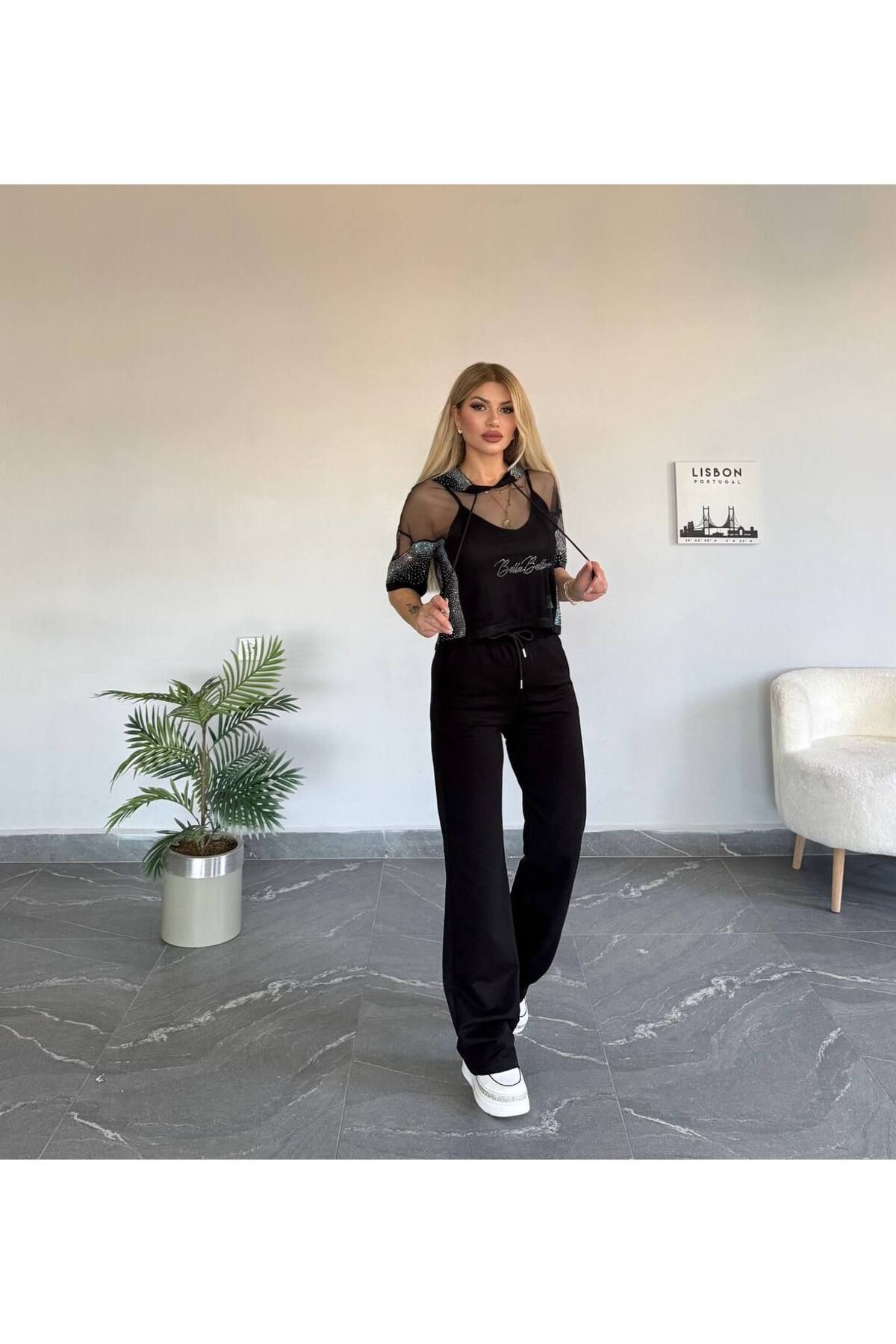 Bella Belluci Yeni Sezon Kapüşonlu Tüllü Yüksek Bel Üçlü Takım