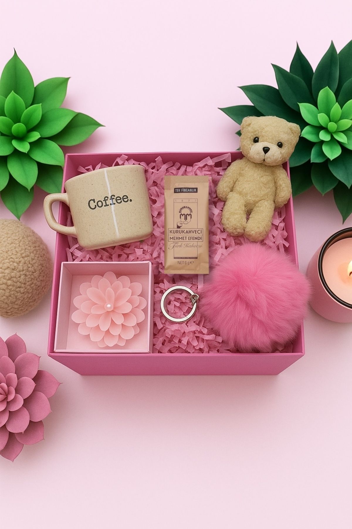 hediyebutik Kupa & Lotus Mum & Ponpon Anahtarlık & Ayıcık & Türk Kahvesi Hediye Kutusu