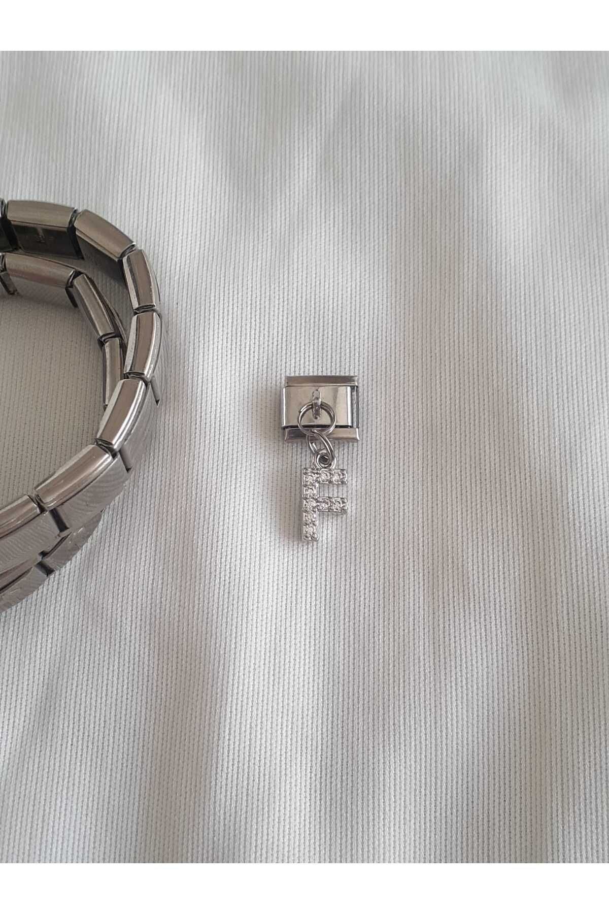 bijoux uniques Çelik F Harfli Zirkon Taşlı İtalyan Charm