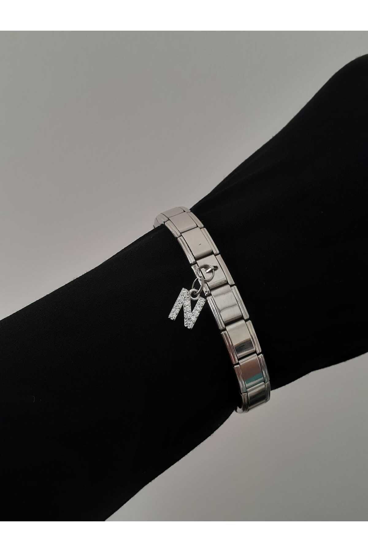 bijoux uniques Çelik N Harfli Zirkon Taşlı İtalyan Charm Bileklik