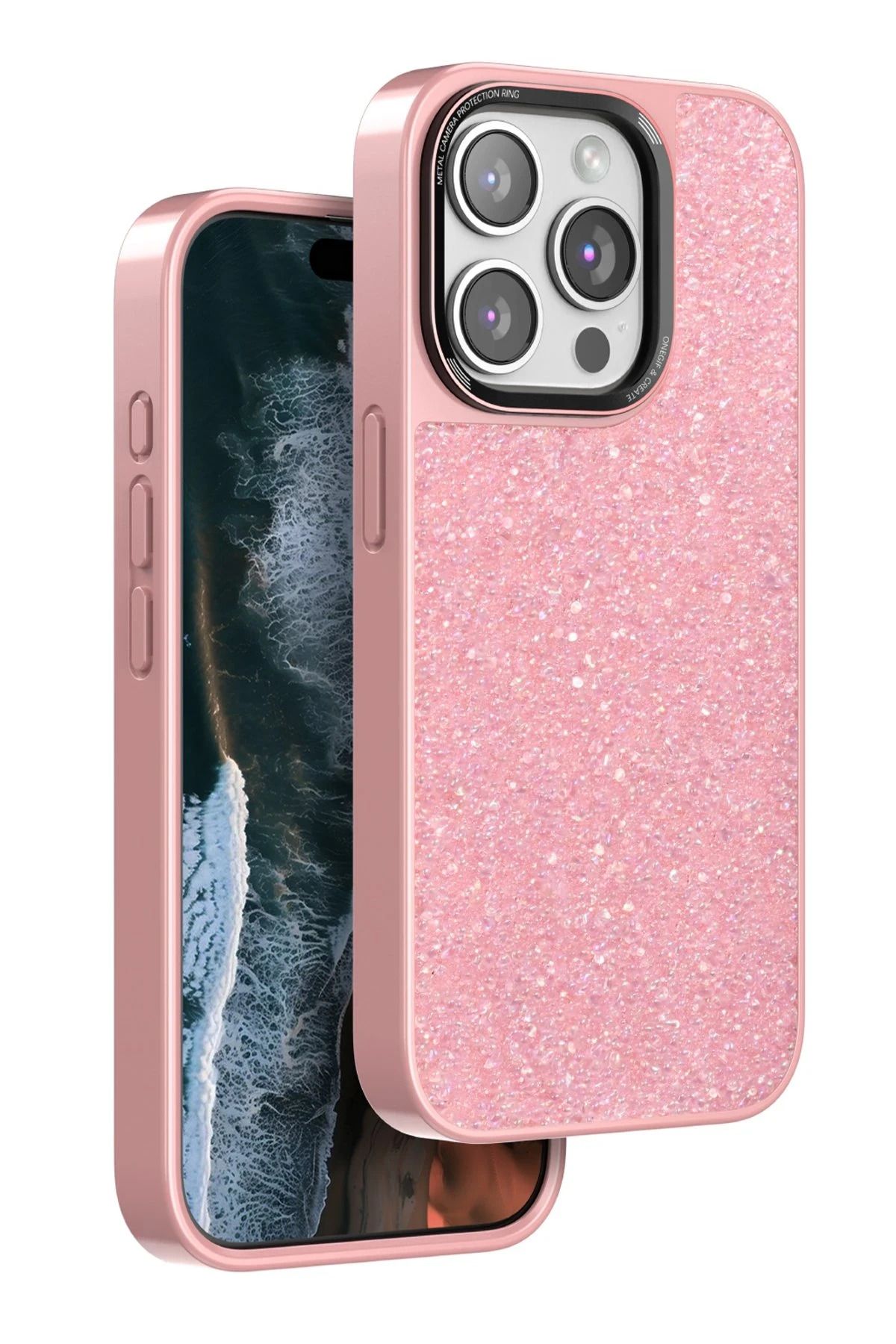 bbtech iPhone 14 Pro Max ile Uyumlu Şık Taşlı Desen Pembe Telefon Kılıfı Kombin Tamamlayan Arka Kapak