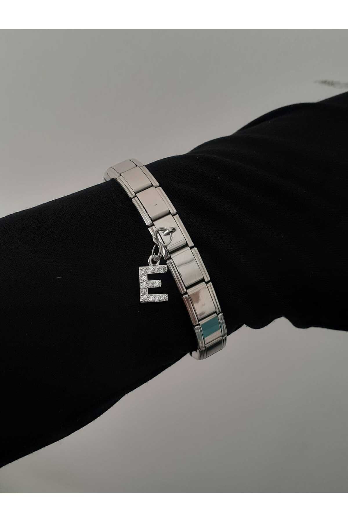 bijoux uniques Çelik E Harfli Zirkon Taşlı İtalyan Charm Bileklik