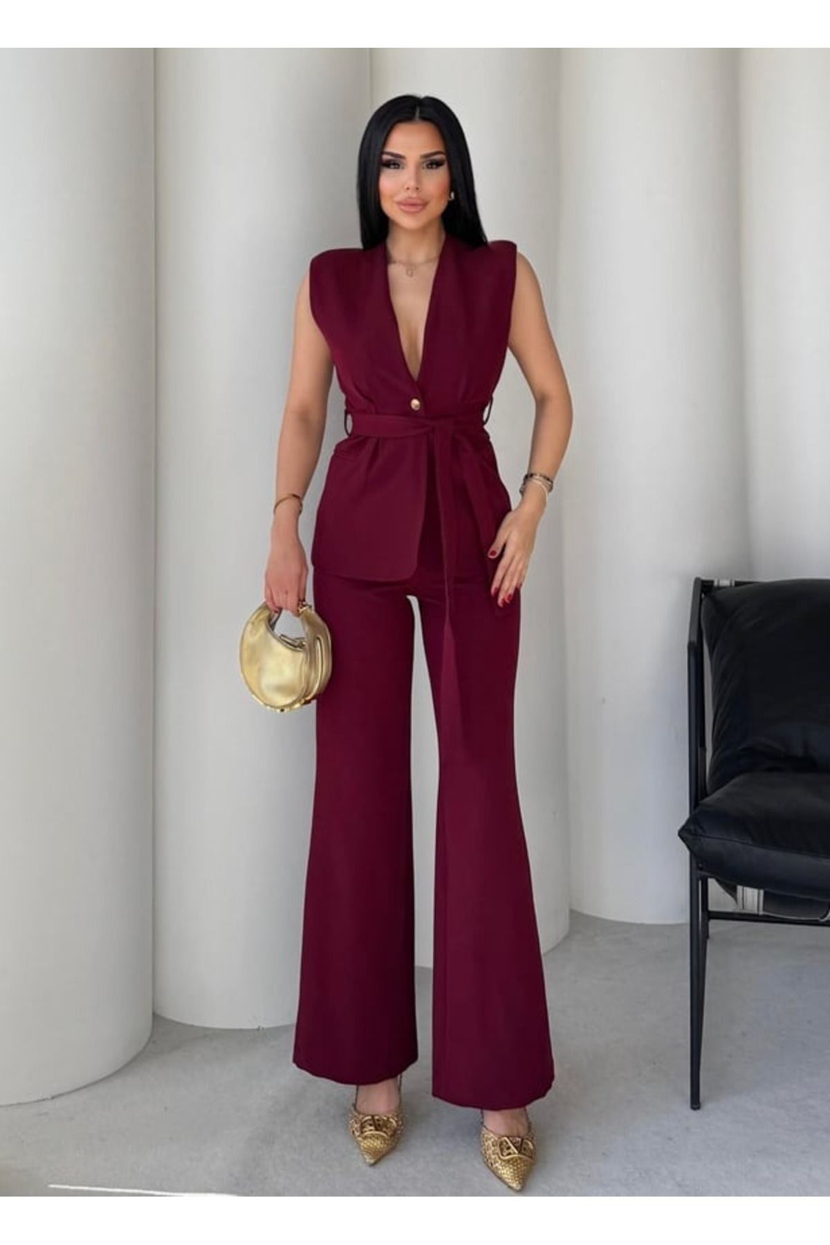 Aura 7 Collection Kadın Giyim Vassi Tek Düğmeli ve Kuşak Bağlamalı Şık Pantolonlu Takım