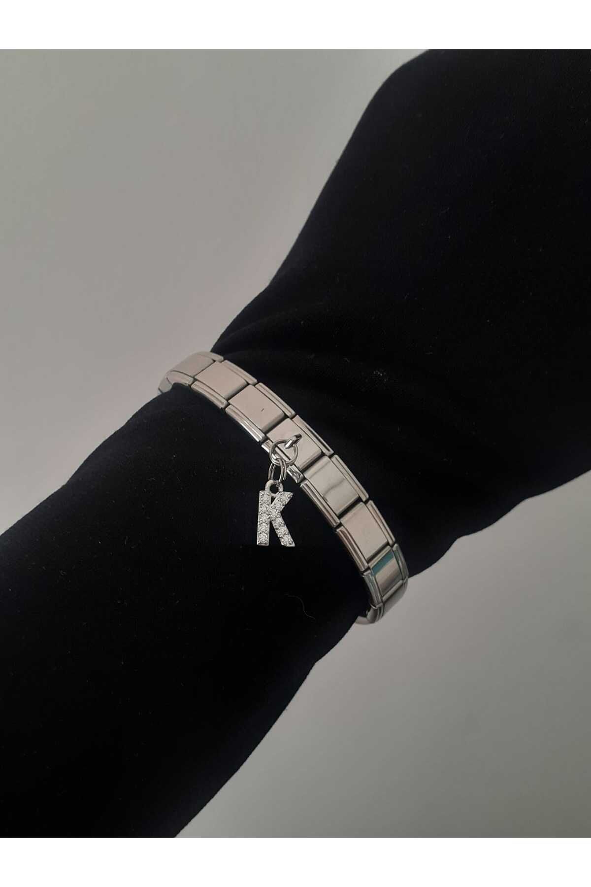 bijoux uniques Çelik K Harfli Zirkon Taşlı İtalyan Charm Bileklik