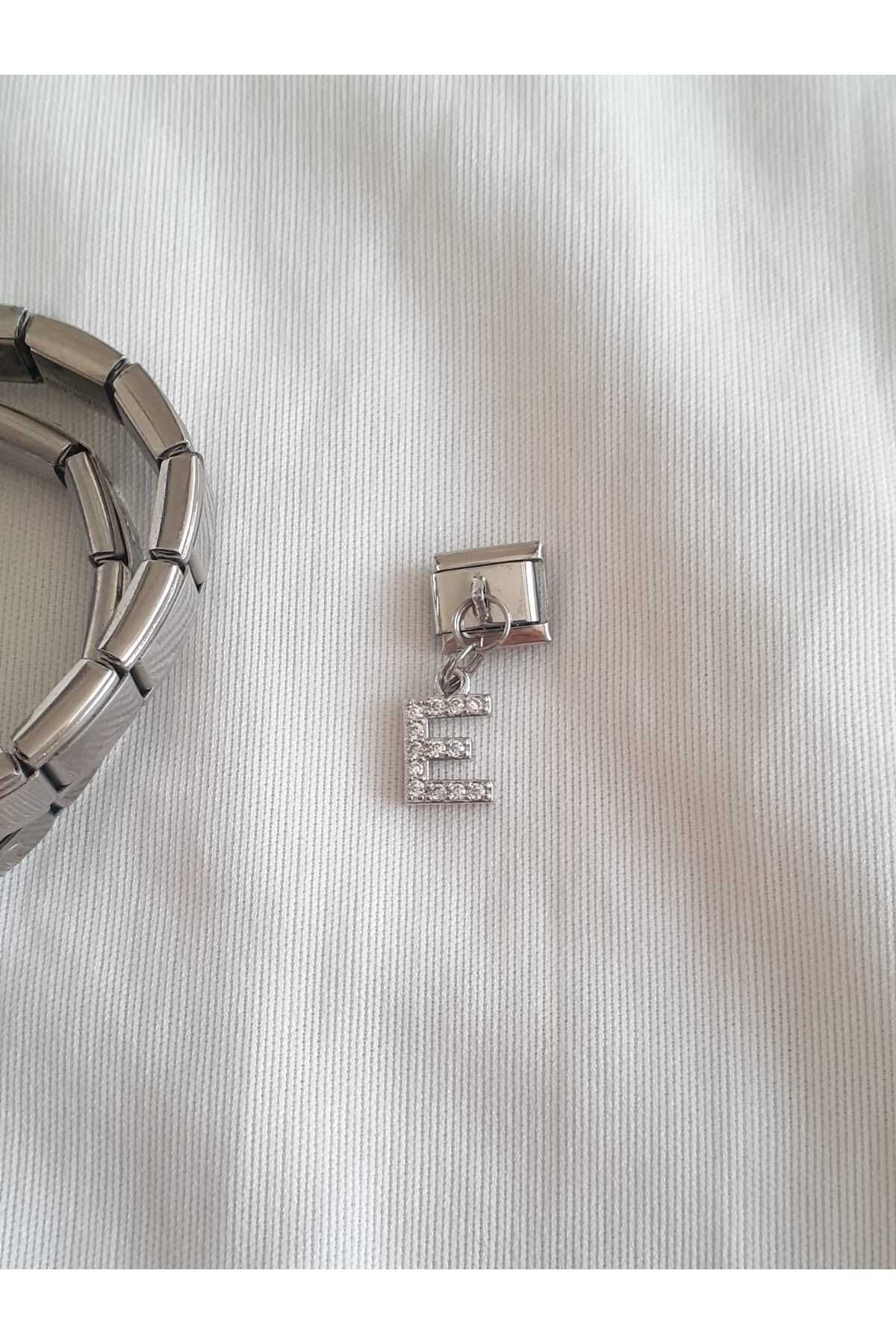 bijoux uniques Çelik E Harfli Zirkon Taşlı İtalyan Charm
