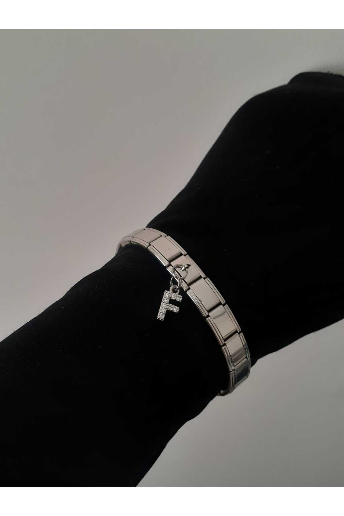 bijoux uniques Çelik F Harfli Zirkon Taşlı İtalyan Charm Bileklik