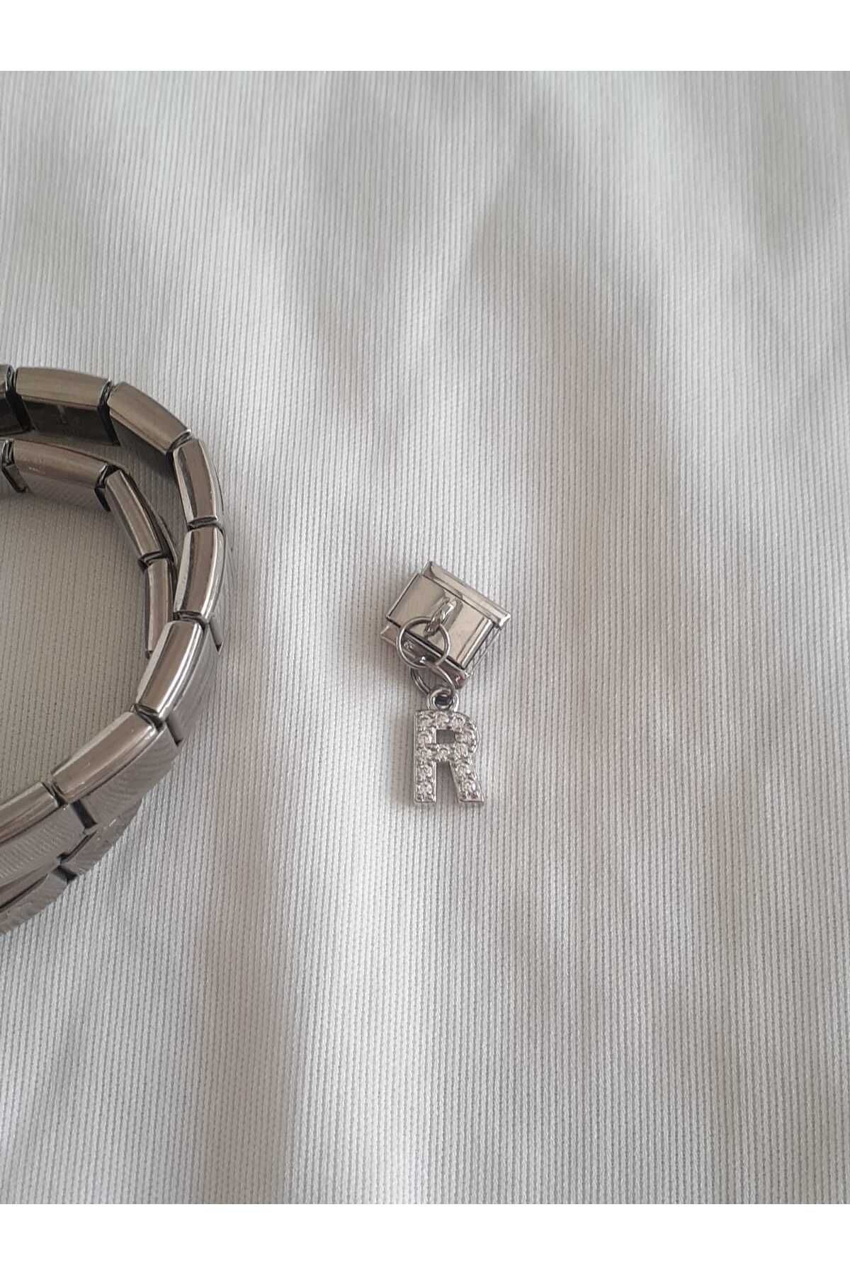 bijoux uniques Çelik R Harfli Zirkon Taşlı İtalyan Charm
