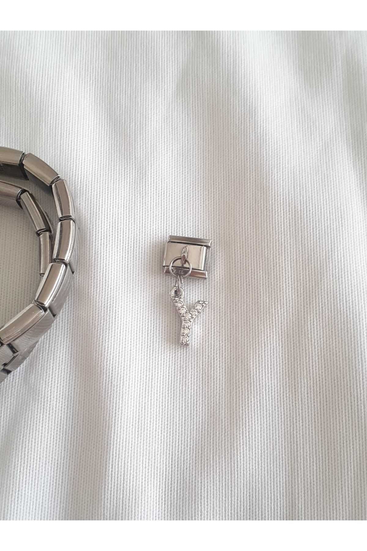 bijoux uniques Çelik Y Harfli Zirkon Taşlı İtalyan Charm