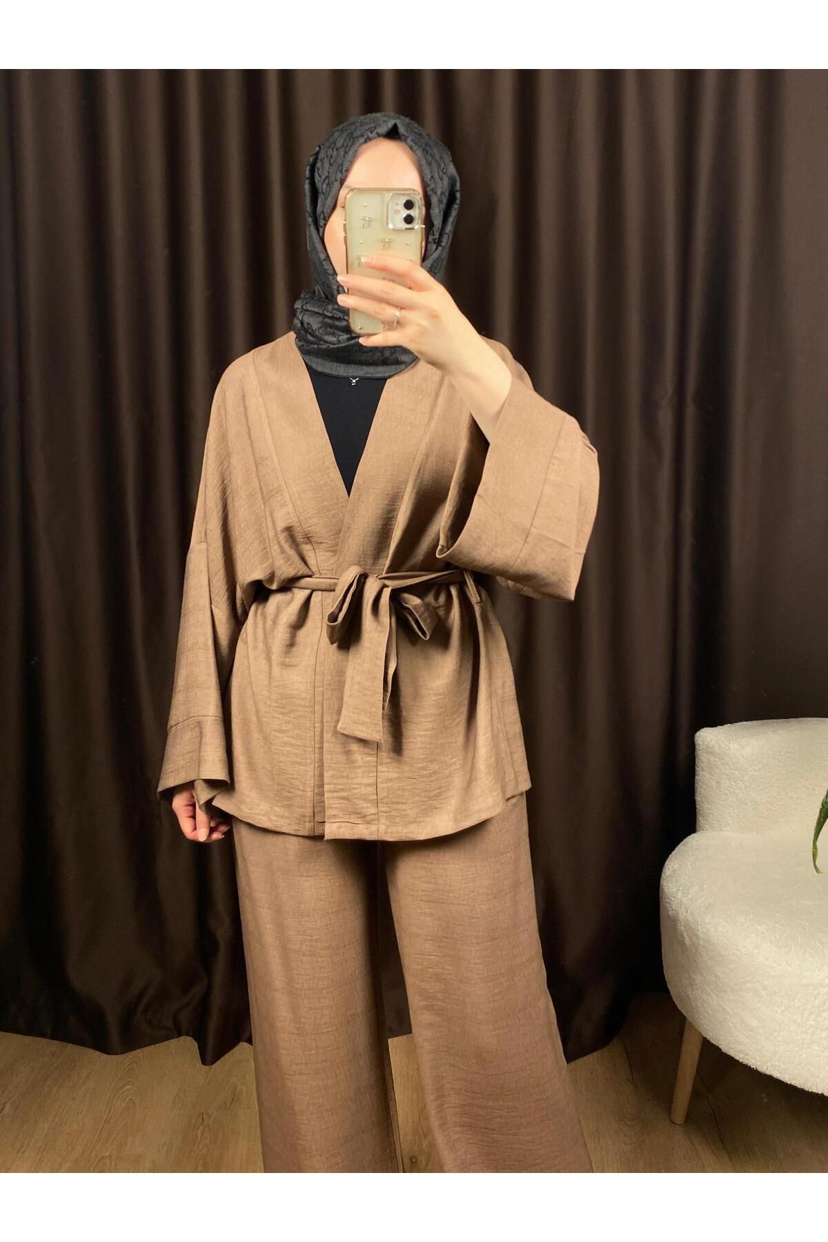 Butik Keten Alt-Üst takım kahve kemerli