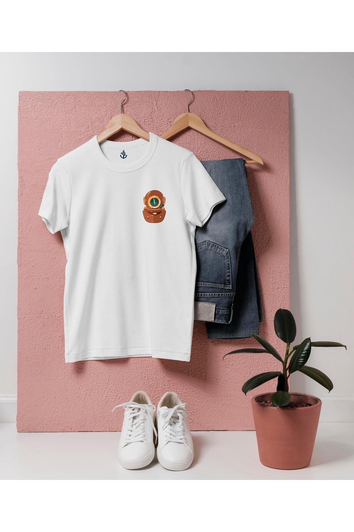 bahriyeli.jpeg Oversize Dalgıç Başlığı Tasarımlı Cep Baskılı Unisex T-Shirt
